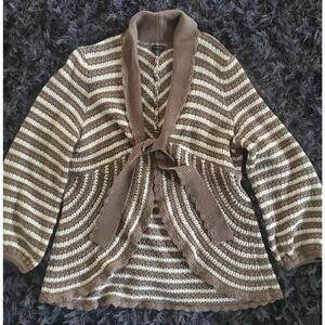 Madison Size 2X Tie Front Balloon Sleeve Striped Brown White Cardigan Sweater